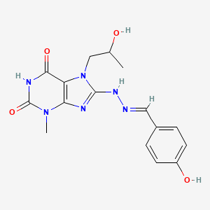 molecular formula C16H18N6O4 B2903571 (E)-8-(2-(4-hydroxybenzylidene)hydrazinyl)-7-(2-hydroxypropyl)-3-methyl-1H-purine-2,6(3H,7H)-dione CAS No. 887199-72-6