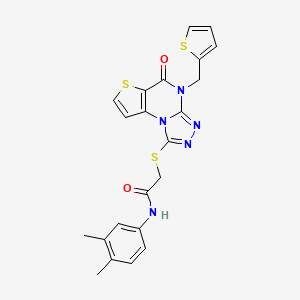molecular formula C22H19N5O2S3 B2903681 N-(3,4-dimethylphenyl)-2-((5-oxo-4-(thiophen-2-ylmethyl)-4,5-dihydrothieno[2,3-e][1,2,4]triazolo[4,3-a]pyrimidin-1-yl)thio)acetamide CAS No. 1242915-60-1