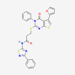 molecular formula C27H19N5O3S3 B2903713 3-[5-(furan-2-yl)-4-oxo-3-phenylthieno[2,3-d]pyrimidin-2-yl]sulfanyl-N-(3-phenyl-1,2,4-thiadiazol-5-yl)propanamide CAS No. 690644-89-4