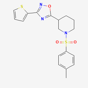 molecular formula C18H19N3O3S2 B2903716 3-(Thiophen-2-yl)-5-(1-tosylpiperidin-3-yl)-1,2,4-oxadiazole CAS No. 837414-19-4