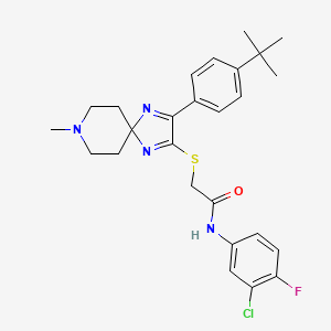 molecular formula C26H30ClFN4OS B2903776 2-((3-(4-(tert-butyl)phenyl)-8-methyl-1,4,8-triazaspiro[4.5]deca-1,3-dien-2-yl)thio)-N-(3-chloro-4-fluorophenyl)acetamide CAS No. 1185164-62-8