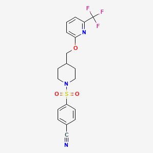 molecular formula C19H18F3N3O3S B2903827 4-[4-[[6-(Trifluoromethyl)pyridin-2-yl]oxymethyl]piperidin-1-yl]sulfonylbenzonitrile CAS No. 2309309-94-0