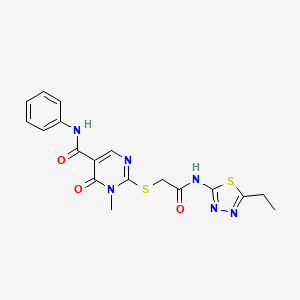 molecular formula C18H18N6O3S2 B2903933 2-((2-((5-ethyl-1,3,4-thiadiazol-2-yl)amino)-2-oxoethyl)thio)-1-methyl-6-oxo-N-phenyl-1,6-dihydropyrimidine-5-carboxamide CAS No. 894053-01-1
