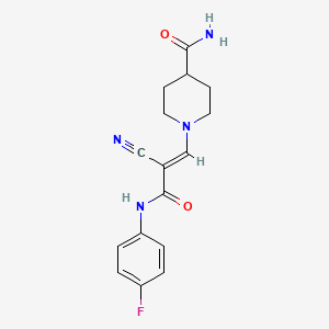 (E)-1-(2-cyano-3-((4-fluorophenyl)amino)-3-oxoprop-1-en-1-yl)piperidine-4-carboxamide