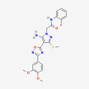 molecular formula C22H21FN6O4S B2904085 2-(5-amino-4-(3-(3,4-dimethoxyphenyl)-1,2,4-oxadiazol-5-yl)-3-(methylthio)-1H-pyrazol-1-yl)-N-(2-fluorophenyl)acetamide CAS No. 1019098-80-6