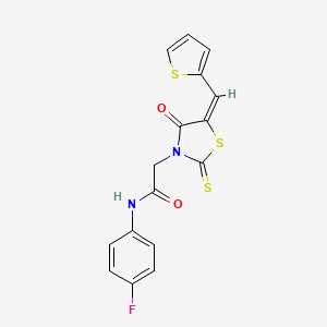 molecular formula C16H11FN2O2S3 B2904187 (E)-N-(4-fluorophenyl)-2-(4-oxo-5-(thiophen-2-ylmethylene)-2-thioxothiazolidin-3-yl)acetamide CAS No. 637318-23-1