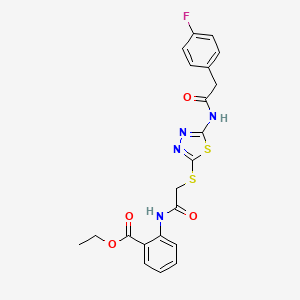 molecular formula C21H19FN4O4S2 B2904198 Ethyl 2-(2-((5-(2-(4-fluorophenyl)acetamido)-1,3,4-thiadiazol-2-yl)thio)acetamido)benzoate CAS No. 896033-47-9