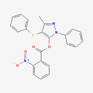 molecular formula C23H17N3O4S B2904202 3-methyl-1-phenyl-4-(phenylthio)-1H-pyrazol-5-yl 2-nitrobenzoate CAS No. 851126-22-2