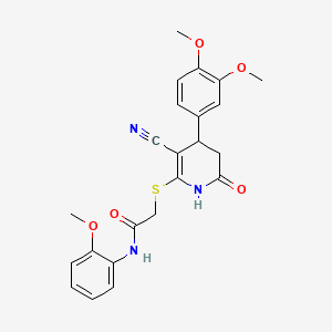 molecular formula C23H23N3O5S B2904225 2-{[3-氰基-4-(3,4-二甲氧基苯基)-6-氧代-1,4,5,6-四氢吡啶-2-基]硫代}-N-(2-甲氧基苯基)乙酰胺 CAS No. 865591-89-5