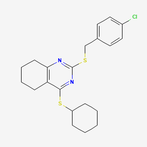 molecular formula C21H25ClN2S2 B2904228 2-[(4-Chlorophenyl)methylsulfanyl]-4-cyclohexylsulfanyl-5,6,7,8-tetrahydroquinazoline CAS No. 339019-13-5