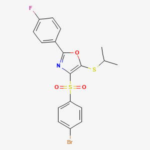molecular formula C18H15BrFNO3S2 B2904229 4-((4-Bromophenyl)sulfonyl)-2-(4-fluorophenyl)-5-(isopropylthio)oxazole CAS No. 850927-50-3