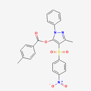 molecular formula C24H19N3O6S B2904242 3-methyl-4-((4-nitrophenyl)sulfonyl)-1-phenyl-1H-pyrazol-5-yl 4-methylbenzoate CAS No. 851093-77-1