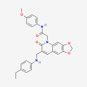 molecular formula C28H27N3O5 B2904295 2-(7-(((4-乙基苯基)氨基)甲基)-6-氧代-[1,3]二氧杂环[4,5-g]喹啉-5(6H)-基)-N-(4-甲氧基苯基)乙酰胺 CAS No. 894558-18-0