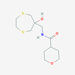 molecular formula C12H21NO3S2 B2904302 N-[(6-Hydroxy-1,4-dithiepan-6-yl)methyl]oxane-4-carboxamide CAS No. 2415513-02-7