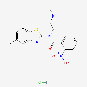 molecular formula C20H23ClN4O3S B2904338 N-(2-(dimethylamino)ethyl)-N-(5,7-dimethylbenzo[d]thiazol-2-yl)-2-nitrobenzamide hydrochloride CAS No. 1215601-79-8