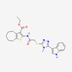 molecular formula C25H27N5O3S2 B2904340 2-(2-((5-(1H-吲哚-3-基)-4-甲基-4H-1,2,4-三唑-3-基)硫代)乙酰氨基)-5,6,7,8-四氢-4H-环庚并[b]噻吩-3-甲酸乙酯 CAS No. 852143-23-8