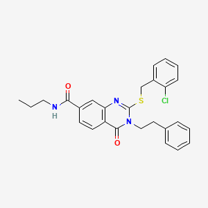 molecular formula C27H26ClN3O2S B2904437 2-((2-chlorobenzyl)thio)-4-oxo-3-phenethyl-N-propyl-3,4-dihydroquinazoline-7-carboxamide CAS No. 1115382-27-8