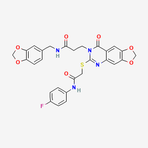 N-(1,3-benzodioxol-5-ylmethyl)-3-[6-[2-(4-fluoroanilino)-2-oxoethyl]sulfanyl-8-oxo-[1,3]dioxolo[4,5-g]quinazolin-7-yl]propanamide