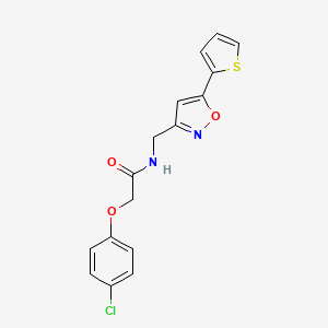 molecular formula C16H13ClN2O3S B2904450 2-(4-氯苯氧基)-N-((5-(噻吩-2-基)异恶唑-3-基)甲基)乙酰胺 CAS No. 946341-26-0