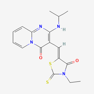 molecular formula C17H18N4O2S2 B2904459 (Z)-3-ethyl-5-((2-(isopropylamino)-4-oxo-4H-pyrido[1,2-a]pyrimidin-3-yl)methylene)-2-thioxothiazolidin-4-one CAS No. 384375-17-1