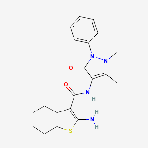 molecular formula C20H22N4O2S B2904514 2-amino-N-(1,5-dimethyl-3-oxo-2-phenyl-2,3-dihydro-1H-pyrazol-4-yl)-4,5,6,7-tetrahydro-1-benzothiophene-3-carboxamide 