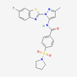 molecular formula C22H20FN5O3S2 B2904543 N-(1-(6-fluorobenzo[d]thiazol-2-yl)-3-methyl-1H-pyrazol-5-yl)-4-(pyrrolidin-1-ylsulfonyl)benzamide CAS No. 1173082-67-1