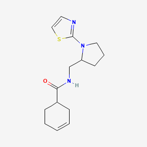 molecular formula C15H21N3OS B2904570 N-((1-(thiazol-2-yl)pyrrolidin-2-yl)methyl)cyclohex-3-enecarboxamide CAS No. 1788556-26-2