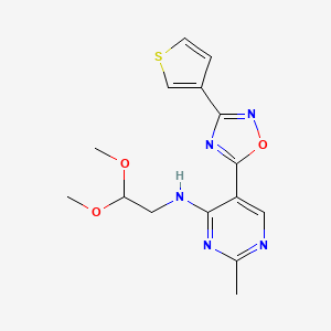 molecular formula C15H17N5O3S B2904639 N-(2,2-dimethoxyethyl)-2-methyl-5-(3-(thiophen-3-yl)-1,2,4-oxadiazol-5-yl)pyrimidin-4-amine CAS No. 2034446-39-2
