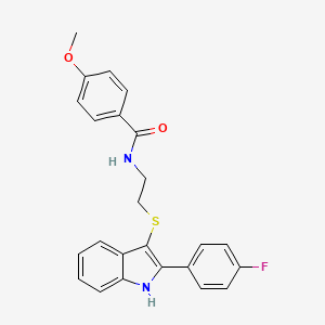 molecular formula C24H21FN2O2S B2904761 N-(2-((2-(4-氟苯基)-1H-吲哚-3-基)硫代)乙基)-4-甲氧基苯甲酰胺 CAS No. 919705-70-7