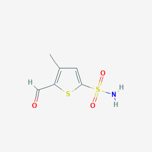 molecular formula C6H7NO3S2 B2904769 5-甲酰基-4-甲硫代苯并-2-磺酰胺 CAS No. 2253639-94-8