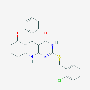 molecular formula C25H22ClN3O2S B2904796 2-[(2-chlorobenzyl)sulfanyl]-5-(4-methylphenyl)-5,8,9,10-tetrahydropyrimido[4,5-b]quinoline-4,6(3H,7H)-dione CAS No. 537043-92-8