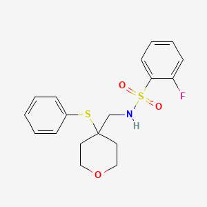 molecular formula C18H20FNO3S2 B2904833 2-fluoro-N-((4-(phenylthio)tetrahydro-2H-pyran-4-yl)methyl)benzenesulfonamide CAS No. 1797844-78-0