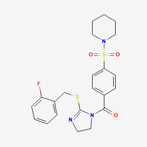 molecular formula C22H24FN3O3S2 B2904849 [2-[(2-Fluorophenyl)methylsulfanyl]-4,5-dihydroimidazol-1-yl]-(4-piperidin-1-ylsulfonylphenyl)methanone CAS No. 851807-22-2