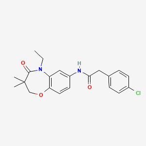 molecular formula C21H23ClN2O3 B2904918 2-(4-氯苯基)-N-(5-乙基-3,3-二甲基-4-氧代-2,3,4,5-四氢苯并[b][1,4]恶二杂环庚-7-基)乙酰胺 CAS No. 921862-68-2