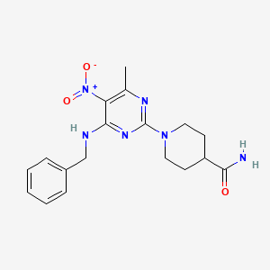 molecular formula C18H22N6O3 B2905052 1-(4-(苄基氨基)-6-甲基-5-硝基嘧啶-2-基)哌啶-4-甲酰胺 CAS No. 1203409-72-6