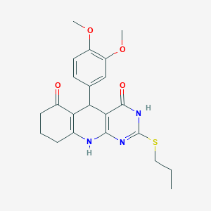 molecular formula C22H25N3O4S B2905112 5-(3,4-dimethoxyphenyl)-2-(propylthio)-7,8,9,10-tetrahydropyrimido[4,5-b]quinoline-4,6(3H,5H)-dione CAS No. 627046-88-2