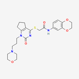 molecular formula C24H30N4O5S B2905120 N-(2,3-dihydrobenzo[b][1,4]dioxin-6-yl)-2-((1-(3-morpholinopropyl)-2-oxo-2,5,6,7-tetrahydro-1H-cyclopenta[d]pyrimidin-4-yl)thio)acetamide CAS No. 898451-15-5