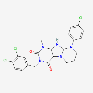 molecular formula C22H18Cl3N5O2 B2905133 9-(4-chlorophenyl)-3-[(3,4-dichlorophenyl)methyl]-1-methyl-1H,2H,3H,4H,6H,7H,8H,9H-pyrimido[1,2-g]purine-2,4-dione CAS No. 920458-88-4