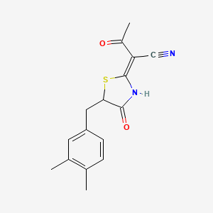 molecular formula C16H16N2O2S B2905198 (2Z)-2-[5-(3,4-dimethylbenzyl)-4-oxo-1,3-thiazolidin-2-ylidene]-3-oxobutanenitrile CAS No. 799780-50-0