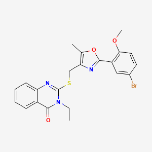 molecular formula C22H20BrN3O3S B2905205 2-(((2-(5-bromo-2-methoxyphenyl)-5-methyloxazol-4-yl)methyl)thio)-3-ethylquinazolin-4(3H)-one CAS No. 1021264-45-8