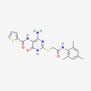 molecular formula C20H21N5O3S2 B2905206 N-(4-amino-2-((2-(mesitylamino)-2-oxoethyl)thio)-6-oxo-1,6-dihydropyrimidin-5-yl)thiophene-2-carboxamide CAS No. 868225-47-2