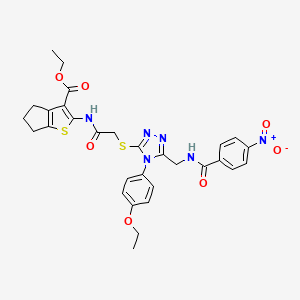 molecular formula C30H30N6O7S2 B2905276 ethyl 2-(2-((4-(4-ethoxyphenyl)-5-((4-nitrobenzamido)methyl)-4H-1,2,4-triazol-3-yl)thio)acetamido)-5,6-dihydro-4H-cyclopenta[b]thiophene-3-carboxylate CAS No. 393848-72-1