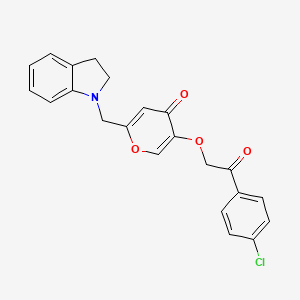 molecular formula C22H18ClNO4 B2905299 5-(2-(4-chlorophenyl)-2-oxoethoxy)-2-(indolin-1-ylmethyl)-4H-pyran-4-one CAS No. 898465-73-1