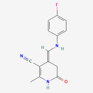 molecular formula C14H12FN3O B2905321 4-[(4-Fluoroanilino)methylene]-2-methyl-6-oxo-1,4,5,6-tetrahydro-3-pyridinecarbonitrile CAS No. 338392-23-7
