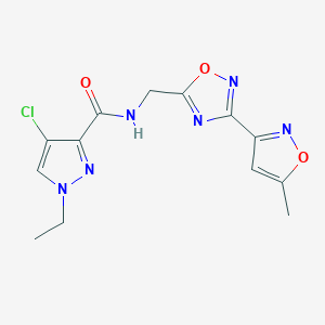 molecular formula C13H13ClN6O3 B2905335 4-chloro-1-ethyl-N-((3-(5-methylisoxazol-3-yl)-1,2,4-oxadiazol-5-yl)methyl)-1H-pyrazole-3-carboxamide CAS No. 2034505-01-4
