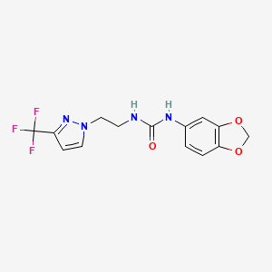 molecular formula C14H13F3N4O3 B2905371 1-(benzo[d][1,3]dioxol-5-yl)-3-(2-(3-(trifluoromethyl)-1H-pyrazol-1-yl)ethyl)urea CAS No. 1448030-28-1