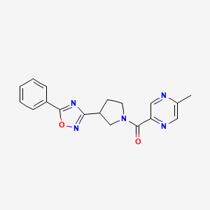 molecular formula C18H17N5O2 B2905373 (5-Methylpyrazin-2-yl)(3-(5-phenyl-1,2,4-oxadiazol-3-yl)pyrrolidin-1-yl)methanone CAS No. 2034285-81-7