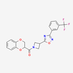 molecular formula C21H16F3N3O4 B2905459 (2,3-Dihydrobenzo[b][1,4]dioxin-2-yl)(3-(3-(3-(trifluoromethyl)phenyl)-1,2,4-oxadiazol-5-yl)azetidin-1-yl)methanone CAS No. 1396680-88-8