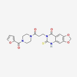 molecular formula C21H20N4O6S B2905469 7-(3-(4-(furan-2-carbonyl)piperazin-1-yl)-3-oxopropyl)-6-thioxo-6,7-dihydro-[1,3]dioxolo[4,5-g]quinazolin-8(5H)-one CAS No. 688055-08-5