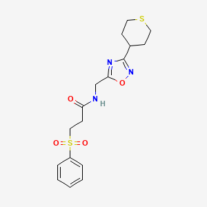 3-(phenylsulfonyl)-N-((3-(tetrahydro-2H-thiopyran-4-yl)-1,2,4-oxadiazol-5-yl)methyl)propanamide